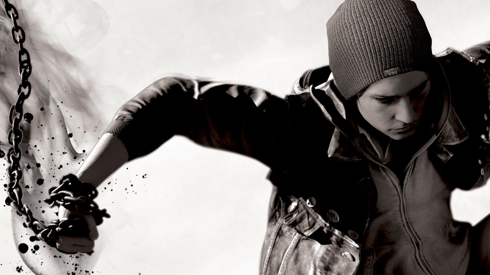 Monochrome 2K Quad HD PC desktop wallpaper of video game inFAMOUS: Second Son, showing the protagonist in a beanie unleashing dark, smoke-like powers from his gloved hand.