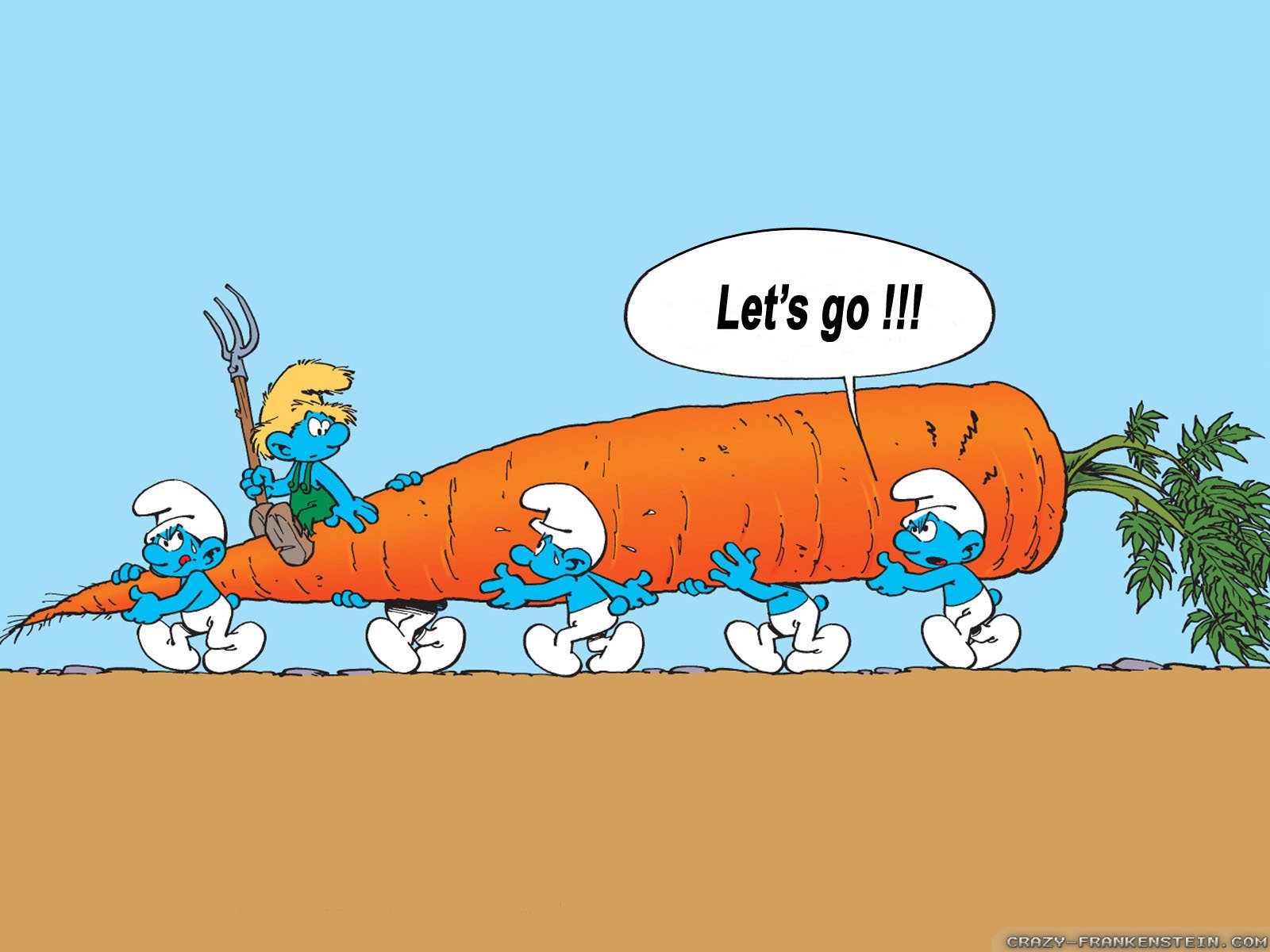 Comic-style HD PC desktop wallpaper/background of The Smurfs hauling a giant carrot across a field, one Smurf perched with a pitchfork shouting Let's go!!!