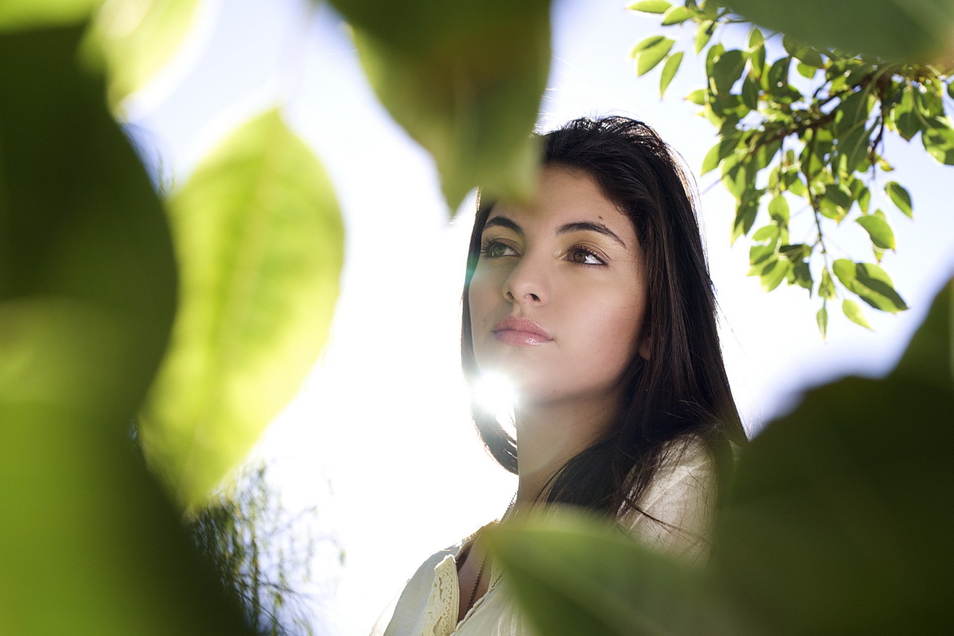 HD wallpaper featuring a woman's face partially framed by sunlit leaves, creating a serene and natural background.