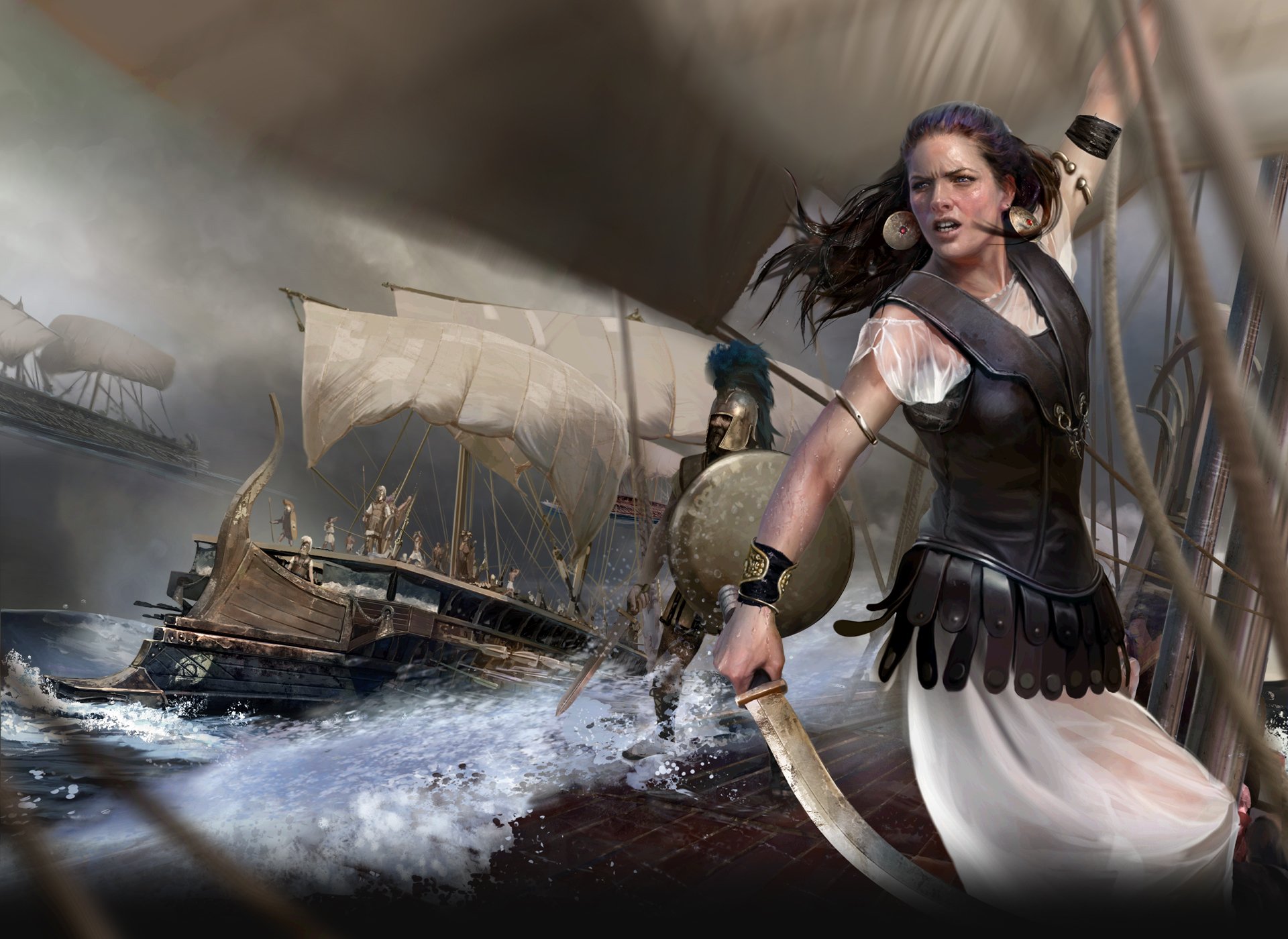 HD fantasy PC wallpaper featuring a fierce woman warrior on a ship’s deck, gripping a curved blade amidst a stormy sea and a battle-ready armored soldier behind her.