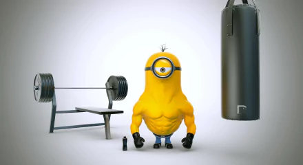 HD desktop wallpaper from Despicable Me featuring a buff Minion standing between weights and a punching bag, showcasing a humorous twist on fitness.