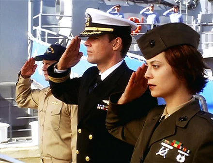 HD PC desktop wallpaper featuring characters from the TV show Jag in military uniforms saluting aboard a naval ship.