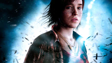 A striking HD wallpaper from the video game *Beyond: Two Souls*, featuring a close-up of the main character with a dramatic, glowing backdrop and shards of debris around them.
