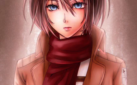 HD desktop wallpaper featuring Mikasa Ackerman from Attack on Titan, with blue eyes and wearing a jacket and red scarf.