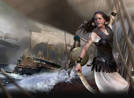 HD fantasy PC wallpaper featuring a fierce woman warrior on a ship’s deck, gripping a curved blade amidst a stormy sea and a battle-ready armored soldier behind her.