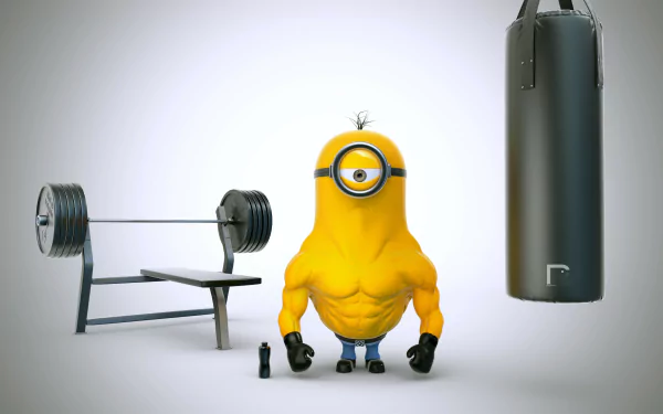 HD desktop wallpaper from Despicable Me featuring a buff Minion standing between weights and a punching bag, showcasing a humorous twist on fitness.