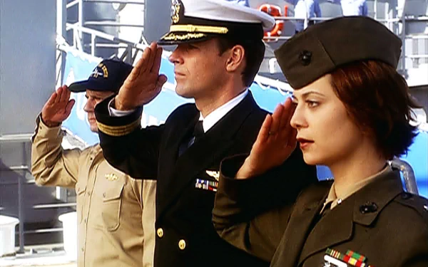 HD PC desktop wallpaper featuring characters from the TV show Jag in military uniforms saluting aboard a naval ship.