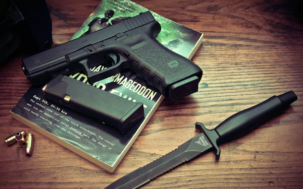 HD desktop wallpaper featuring a Glock pistol, a combat knife, ammunition, and a book on a wooden surface.