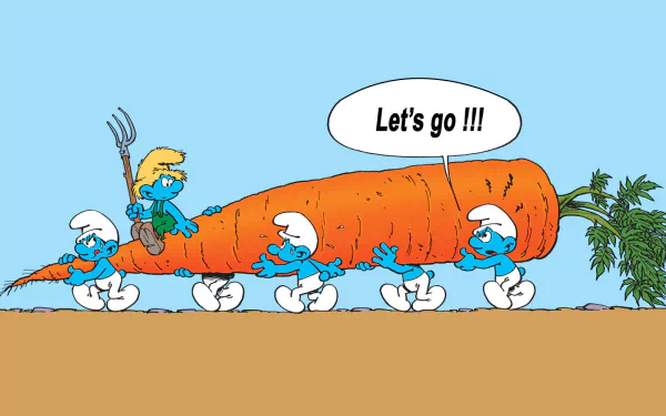 Comic-style HD PC desktop wallpaper/background of The Smurfs hauling a giant carrot across a field, one Smurf perched with a pitchfork shouting Let's go!!!