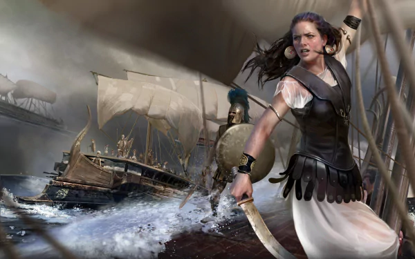 HD fantasy PC wallpaper featuring a fierce woman warrior on a ship’s deck, gripping a curved blade amidst a stormy sea and a battle-ready armored soldier behind her.