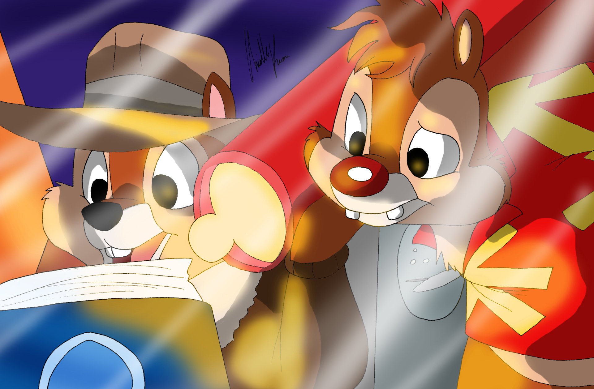 Chip and Dale from the TV show Chip 'N Dale Rescue Rangers examine a map together amid bright colors and light flares — 2K Quad HD PC desktop wallpaper/background
