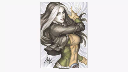 HD PC desktop wallpaper featuring a detailed comic-style illustration of Rogue from X-Men with her iconic two-toned hair and costume.