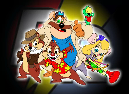 HD PC desktop wallpaper featuring the Chip 'N Dale Rescue Rangers characters from the TV show, including Chip, Dale, Monterey Jack, Gadget, and Zipper.