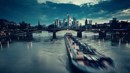 HD desktop wallpaper of Frankfurt's skyline at dusk, featuring the river, a bridge, and a blurred boat in motion, showcasing man-made urban architecture.