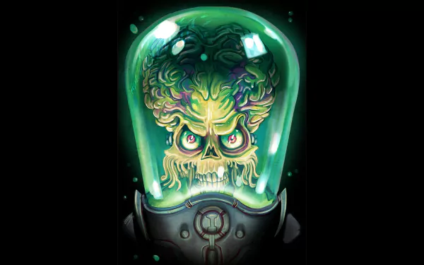 Mars Attacks movie HD PC desktop wallpaper: grotesque green brain-skull alien encased in a glass dome helmet, glowing red eyes and menacing grin on a black background.