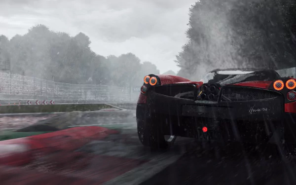 A striking HD desktop wallpaper featuring a Pagani Zonda, captured in a rainy environment, showcasing its sleek design against a blurred racing circuit backdrop.
