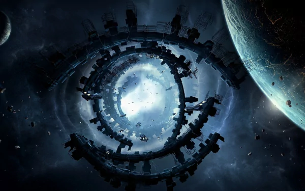 A captivating sci-fi scene featuring a swirling space station against a cosmic backdrop, surrounded by planets and celestial elements, creating an immersive HD desktop wallpaper.