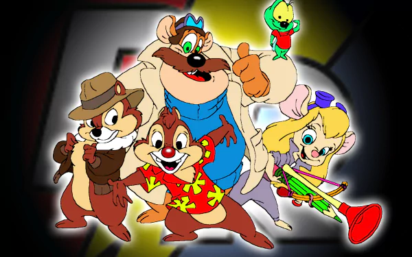 HD PC desktop wallpaper featuring the Chip 'N Dale Rescue Rangers characters from the TV show, including Chip, Dale, Monterey Jack, Gadget, and Zipper.