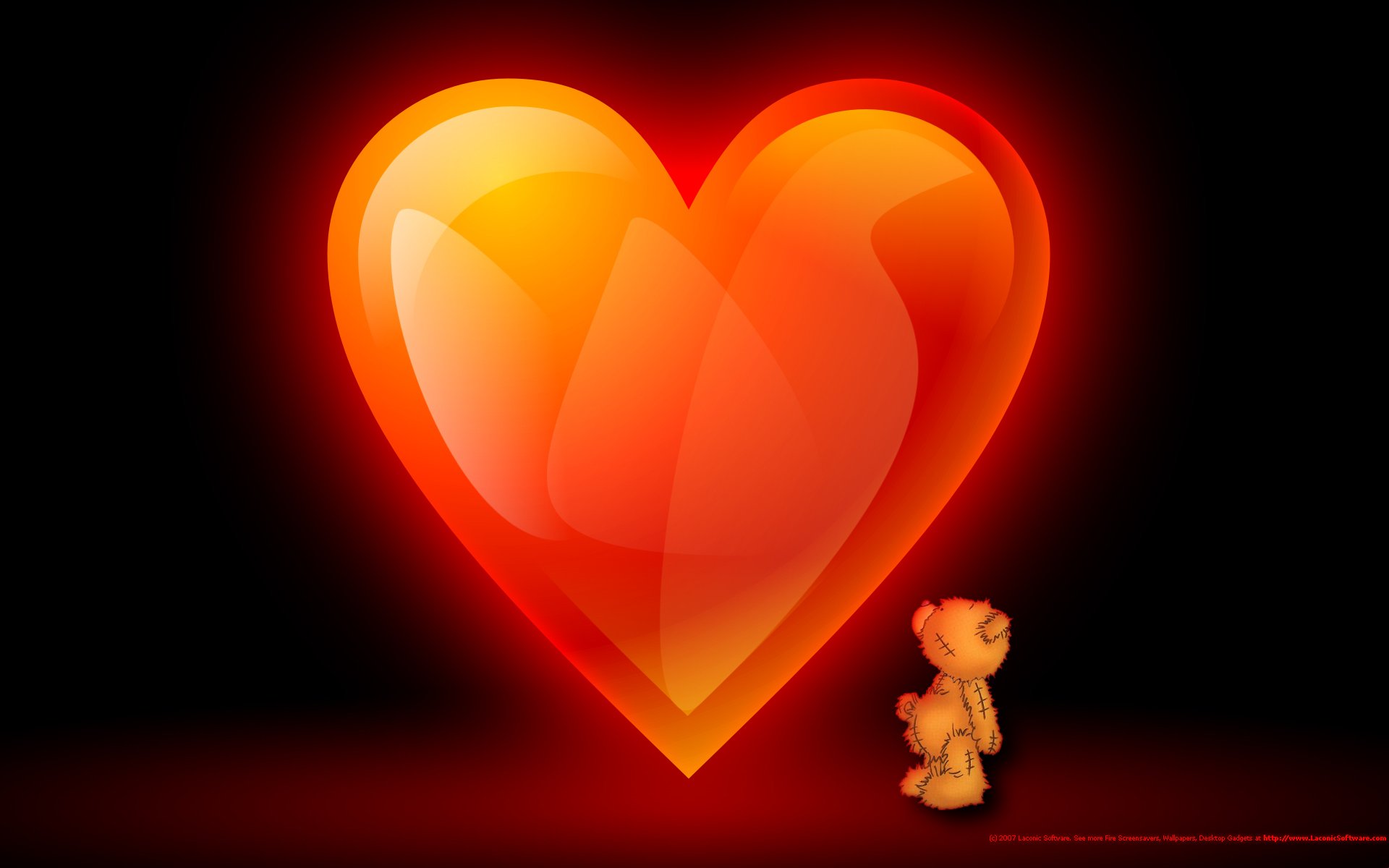 Artistic HD PC desktop wallpaper and background: small teddy bear gazes up at a large glowing orange-red heart against a dark backdrop.
