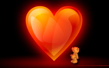 Artistic HD PC desktop wallpaper and background: small teddy bear gazes up at a large glowing orange-red heart against a dark backdrop.