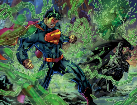 HD desktop wallpaper featuring Superman from the Justice League of America comic, surrounded by green energy in a vivid, action-packed scene.