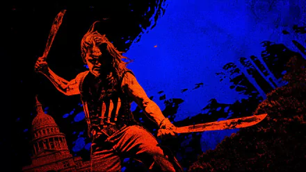 Machete (movie) HD PC desktop wallpaper and background: red-and-blue graphic of a man brandishing two machetes, lunging forward with the U.S. Capitol dome silhouetted behind him.
