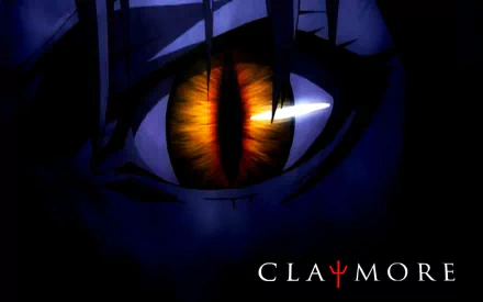 Close-up of a fiery orange eye from the anime Claymore, featured in an HD PC desktop wallpaper with a dark, intense atmosphere.