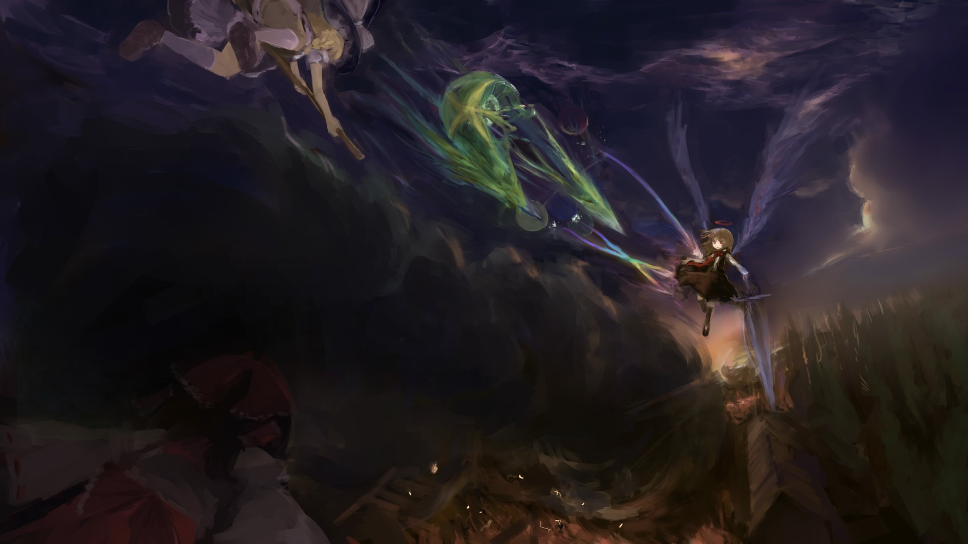 A dramatic 4K Ultra HD wallpaper featuring Rumia, Reimu Hakurei, and Marisa Kirisame from the Touhou series, showcasing a mystical battle against a dark, atmospheric backdrop.