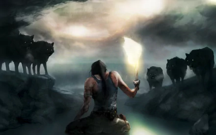 HD PC desktop wallpaper featuring a scene from the video game Tomb Raider with Lara Croft surrounded by menacing wolves in a dark, misty environment.