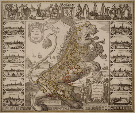 2K Quad HD PC desktop wallpaper/background: vintage Leo Belgicus map of the Netherlands shaped as a lion in sepia engraving, framed by decorative city vignettes — Misc, map.