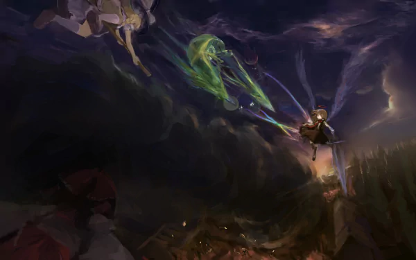 A dramatic 4K Ultra HD wallpaper featuring Rumia, Reimu Hakurei, and Marisa Kirisame from the Touhou series, showcasing a mystical battle against a dark, atmospheric backdrop.