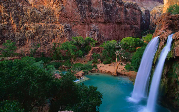 HD PC desktop wallpaper featuring Havasu Falls cascading into a turquoise pool surrounded by lush greenery and rocky canyon walls.