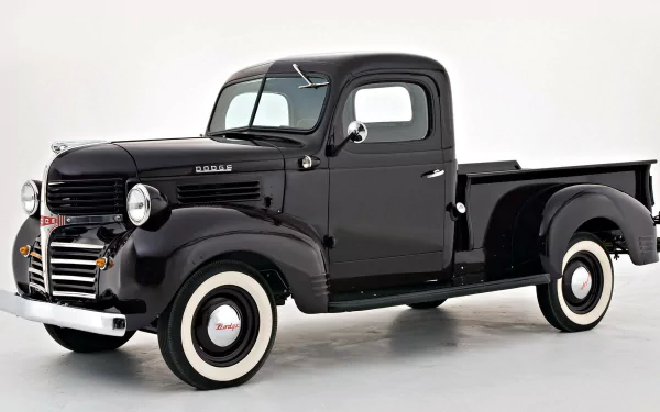 HD PC desktop wallpaper featuring a classic black Dodge pickup truck with whitewall tires against a white background.