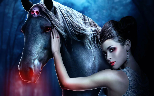 HD desktop wallpaper featuring a fantasy-themed image of a woman with striking makeup embracing a mysterious glowing-eyed horse in a mystical blue forest setting.
