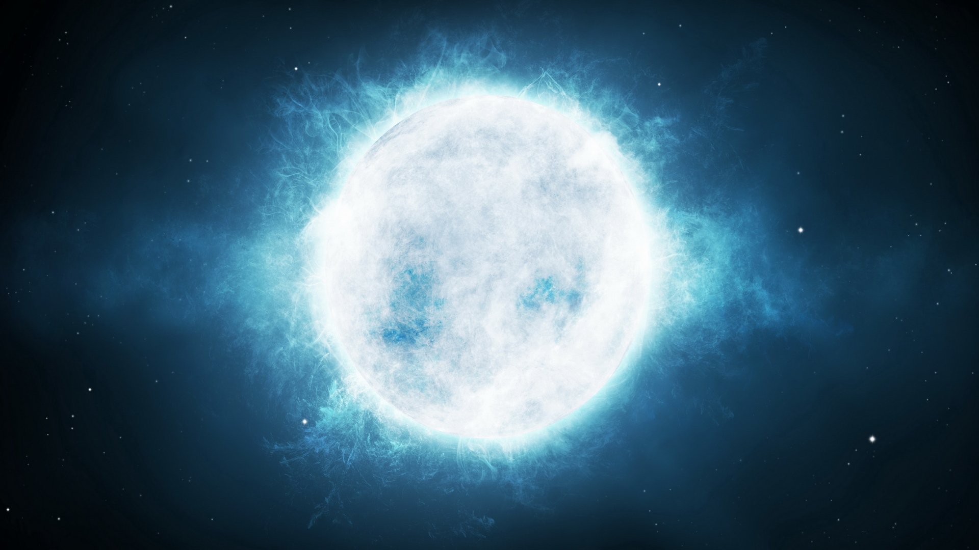 HD sci-fi desktop wallpaper depicting a radiant, glowing sun engulfed in vibrant blue energy against a dark cosmic background.