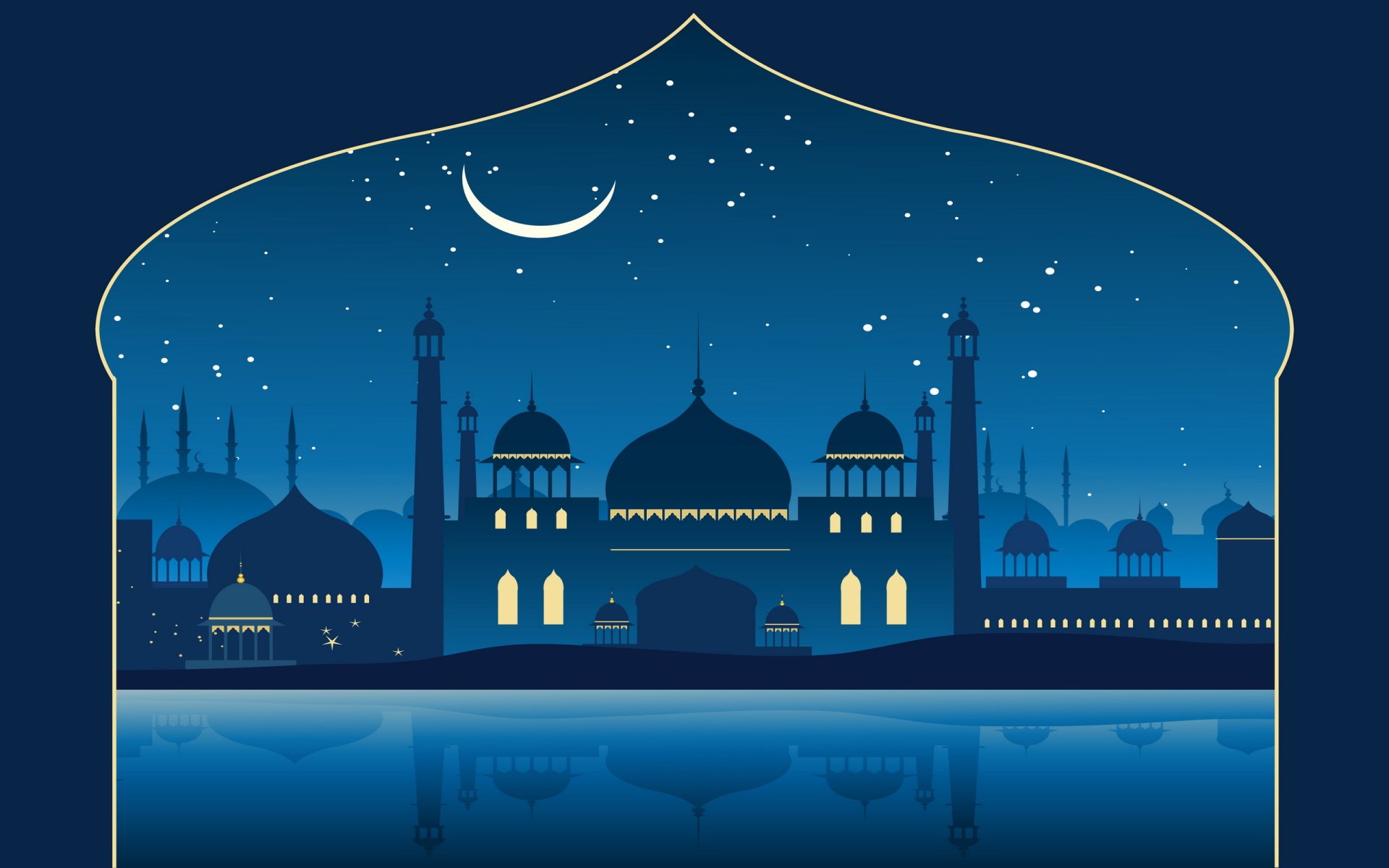 HD desktop wallpaper featuring a serene night view of a mosque silhouette under a crescent moon and starry sky, framed by an arch with reflective water below.