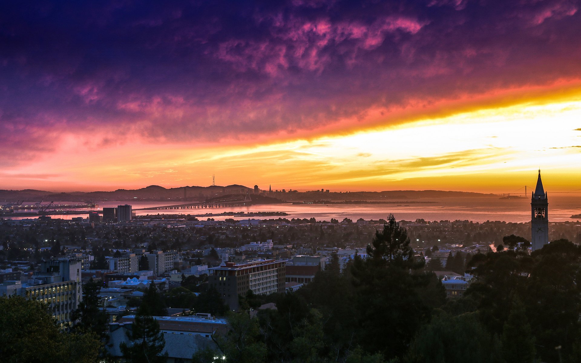 HD desktop wallpaper showcasing the San Francisco skyline at sunset with vibrant purple and yellow skies over a sprawling urban landscape.
