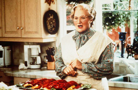 A colorful HD desktop wallpaper featuring a scene from the movie *Mrs. Doubtfire*, showcasing a character in a kitchen surrounded by a feast of lobsters and vegetables.