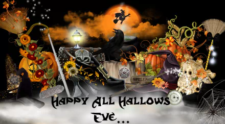 A vibrant Halloween-themed HD desktop wallpaper featuring pumpkins, a raven, and a spooky moonlit scene, adorned with flowers and the greeting Happy All Hallows' Eve.