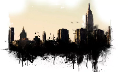 Artistic city skyline featuring iconic buildings in silhouette against a soft yellow backdrop. This HD wallpaper offers a stylish and modern backdrop for any desktop setting.