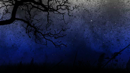 HD PC desktop wallpaper featuring a night scene with silhouetted tree branches against a starry, textured blue and gray sky in a photographic style.