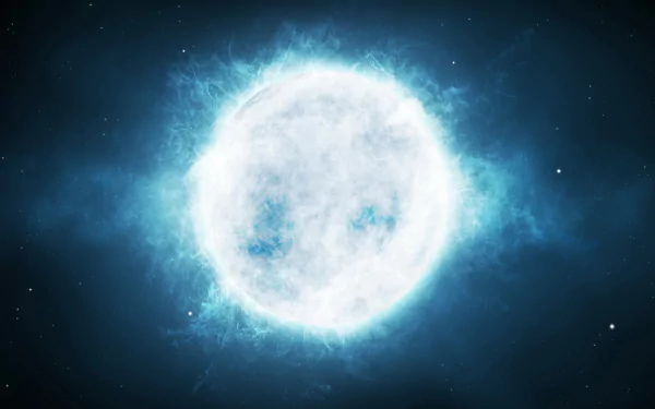 HD sci-fi desktop wallpaper depicting a radiant, glowing sun engulfed in vibrant blue energy against a dark cosmic background.