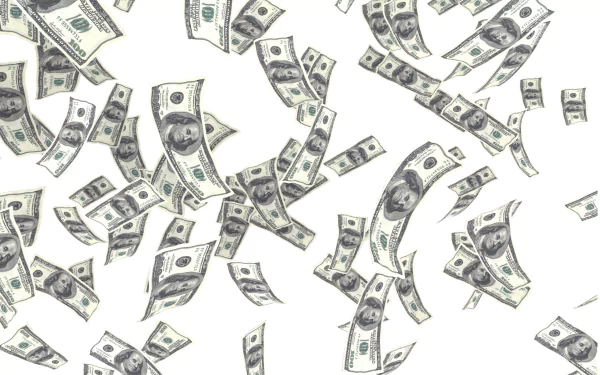 2K Quad HD PC desktop wallpaper showing a man-made pattern of U.S. dollar bills floating and cascading across a clean white background.
