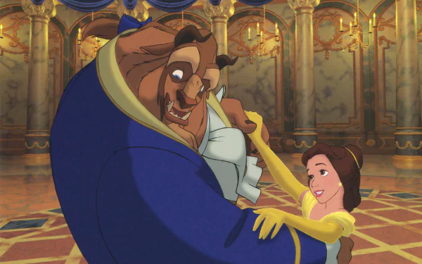 A colorful HD wallpaper featuring the Beast and Belle from Disney's Beauty and the Beast (1991), capturing a joyful dance in an ornate castle setting.