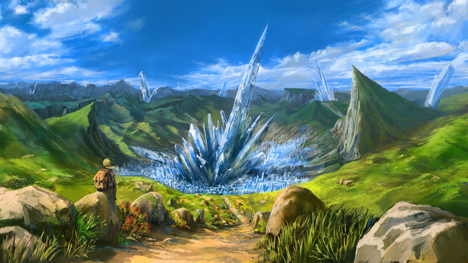 Fantasy landscape featuring massive crystal formations erupting from lush green hills under a vibrant blue sky, designed as an HD PC desktop wallpaper.