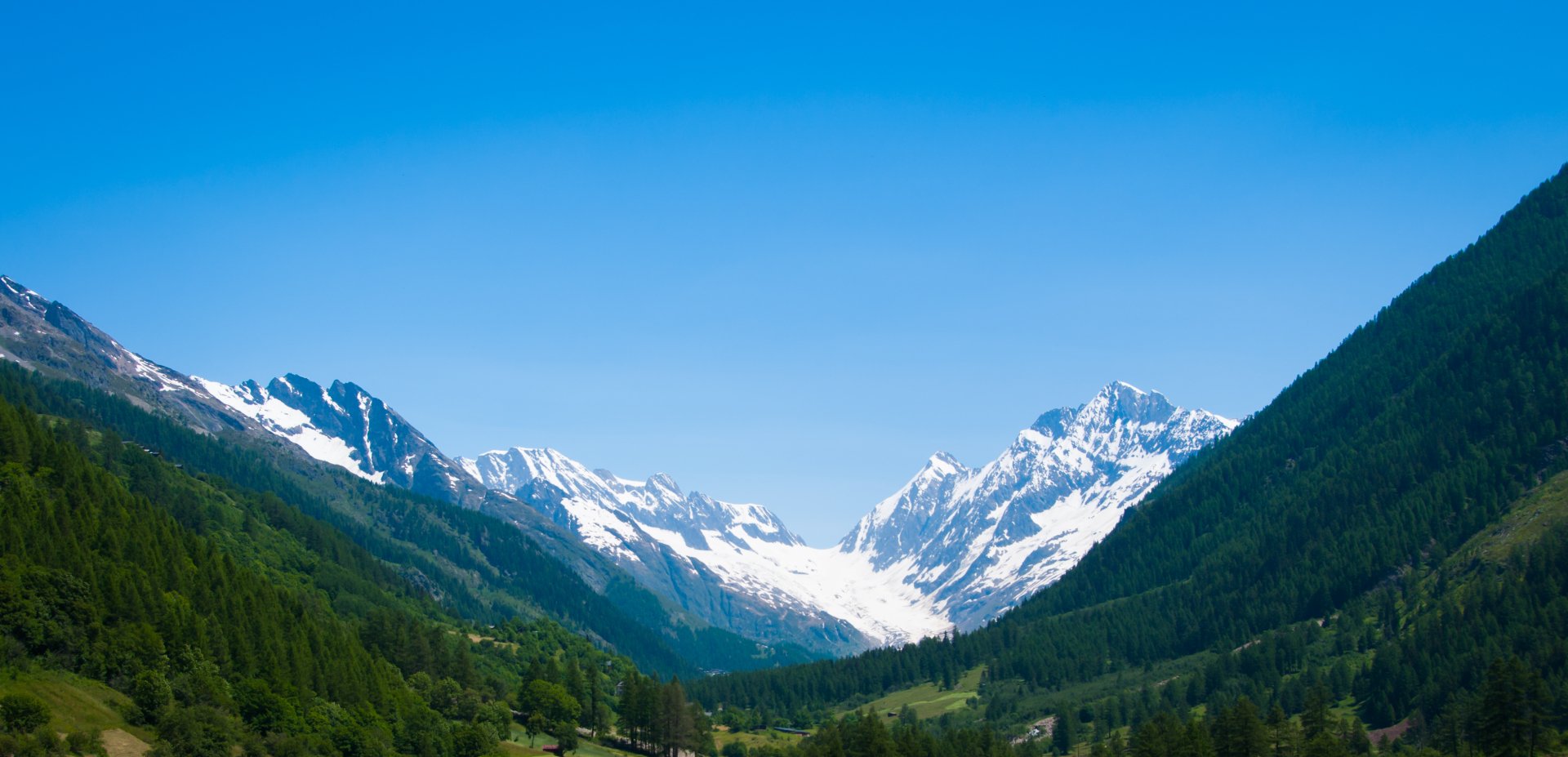 Snow-capped mountains tower over a lush green valley in a Swiss landscape, capturing the natural beauty near Montreux with clear blue skies above.
