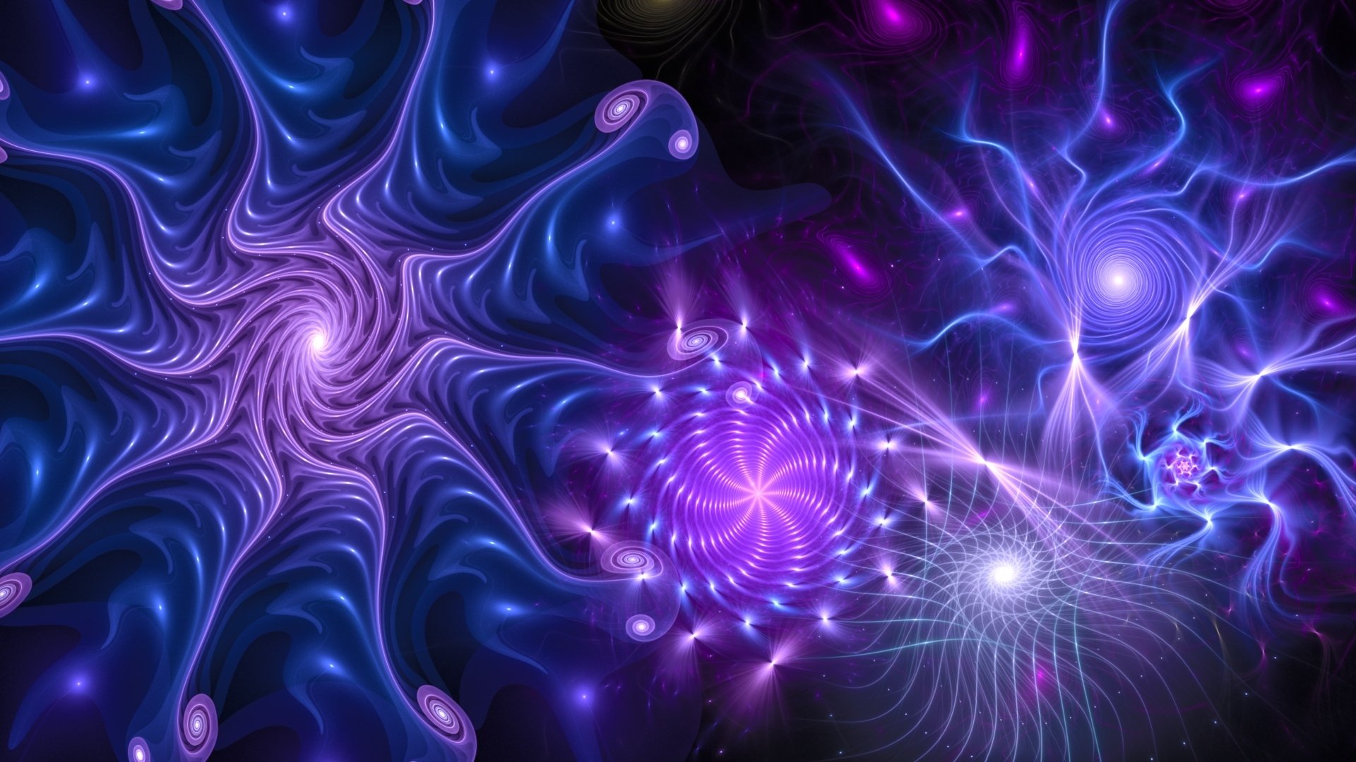 An abstract fractal design featuring vibrant swirls and intricate patterns in shades of purple and blue, serving as a captivating HD desktop wallpaper and background.