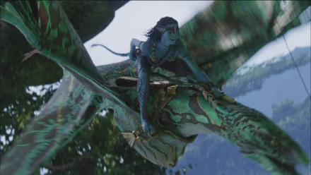 A vibrant HD desktop wallpaper featuring a character from the movie Avatar, riding a majestic flying creature amidst lush greenery.