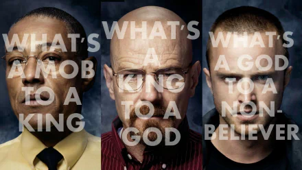 HD wallpaper featuring Breaking Bad characters Gustavo Fring, Walter White, and Jesse Pinkman with thematic text overlay.