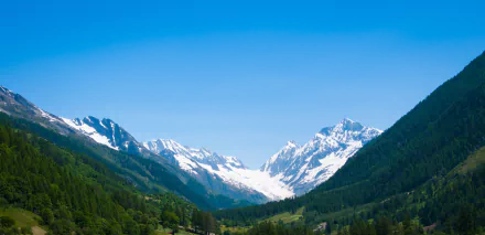 Snow-capped mountains tower over a lush green valley in a Swiss landscape, capturing the natural beauty near Montreux with clear blue skies above.